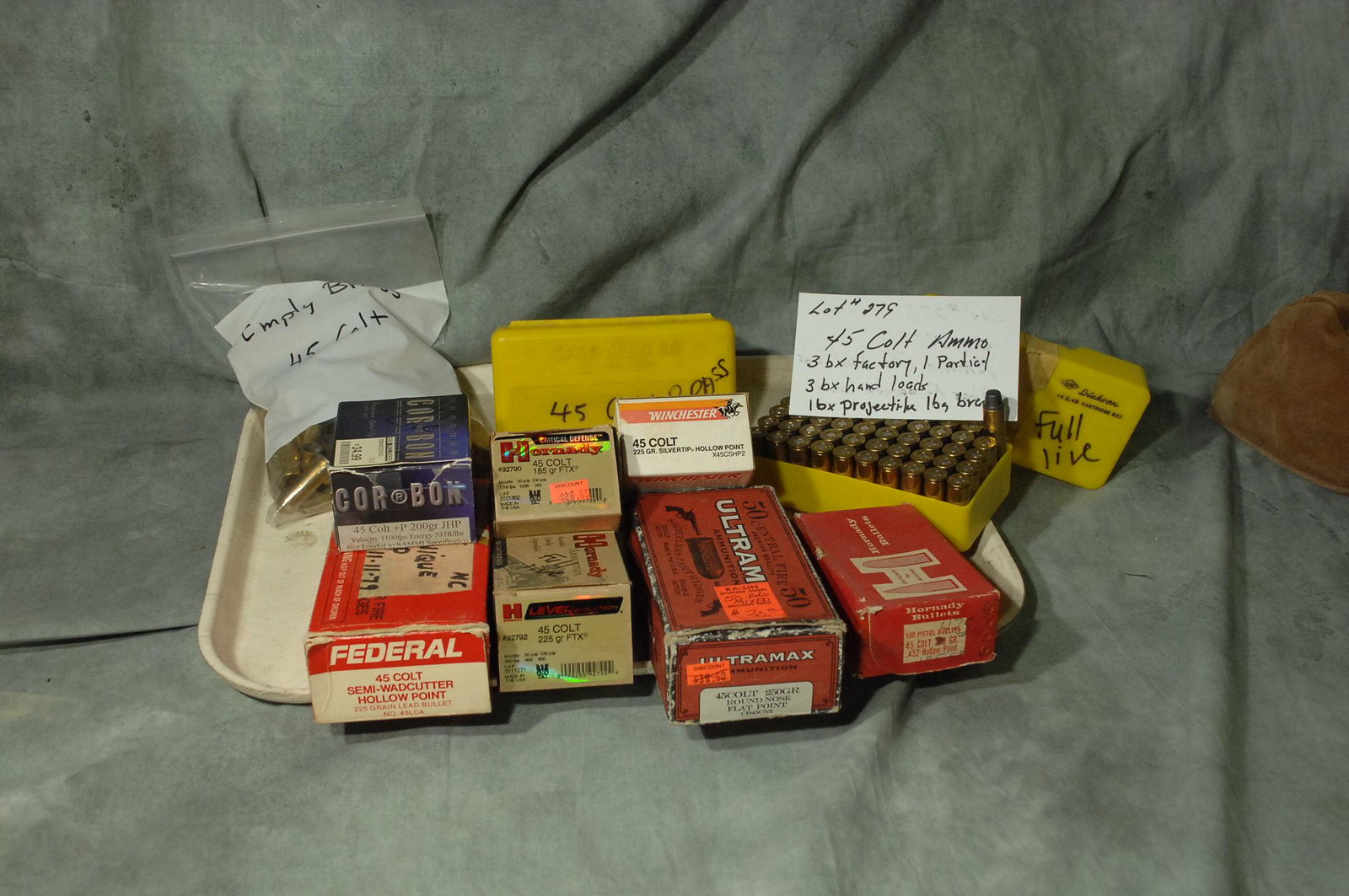 .45 Colt Ammo: 3 bx. Factory, 1 bx.partial 3 bx.Handloads 1 bx. Projectiles, 1 Bag Brass