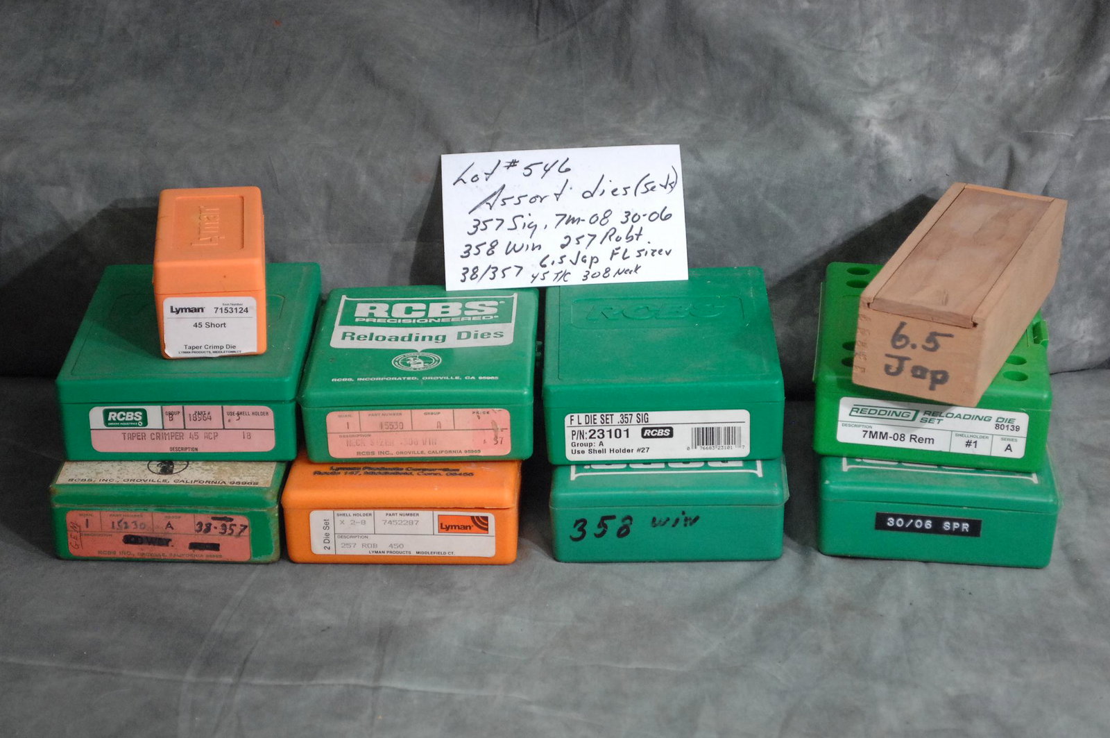 Assorted Dies: 357 Sig, 7M-08, 30-06, 358 Win, 257 Roberts, 38/357, 6.5 JAP FL Sizer, 45T/C, 308 NECK