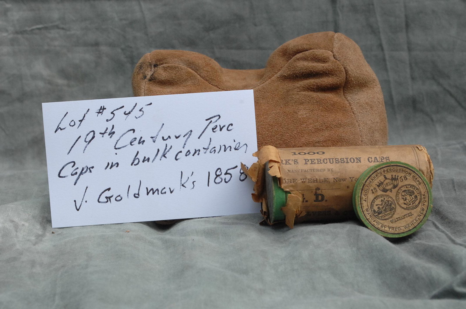 19th century percussion caps in bulk container: J. Goldmark's perussion caps 1858 Manufactured by Theo. Wehle, NY