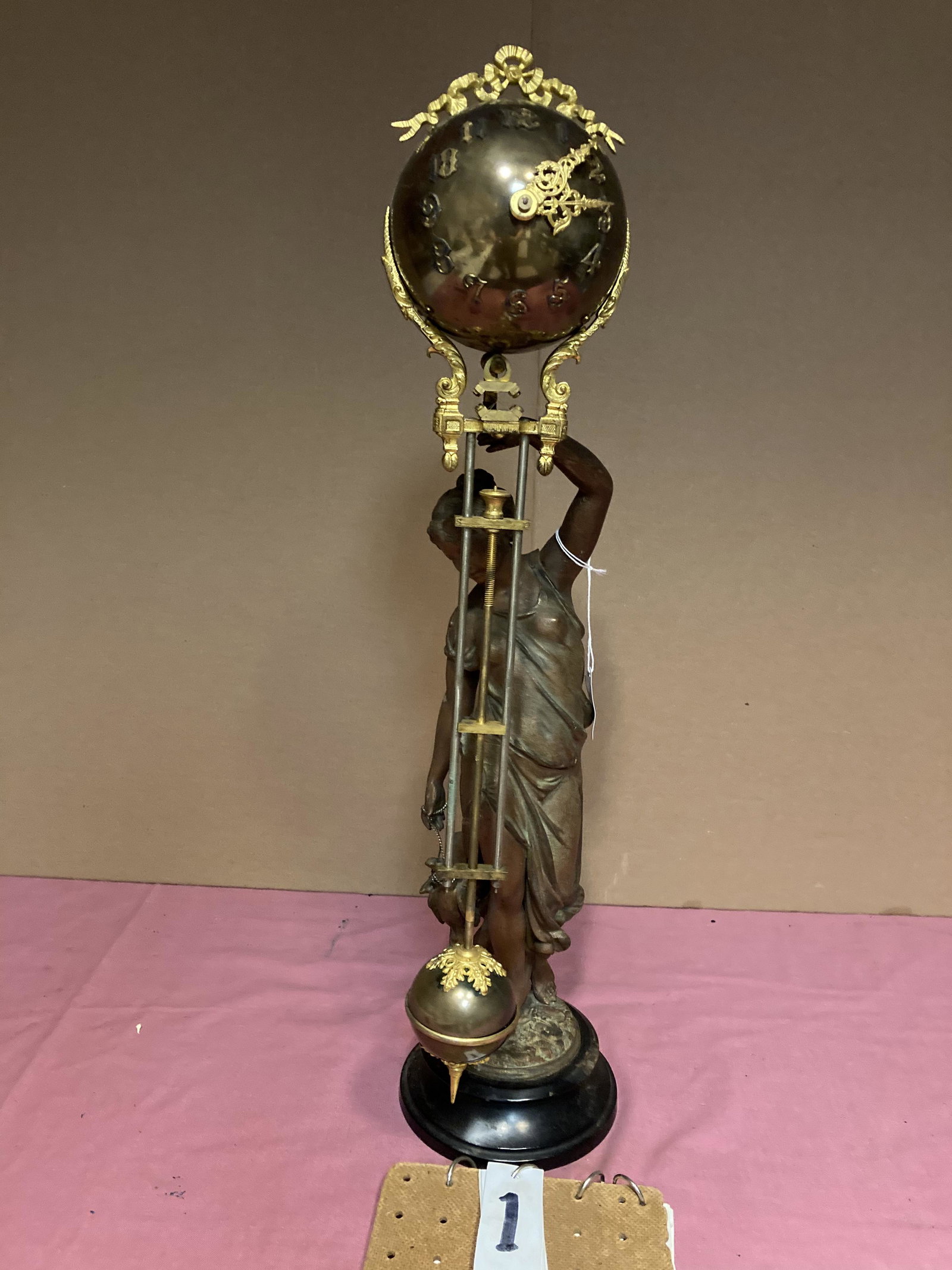 Ansonia Swing Arm 19c (Huntress Diana) Mantle Clock: Ansonia Swing Arm 19c (Huntress Diana) Mantle Clock in excellent condition. Rare. Resoldered at the top of the arm where pin and hand meet (see photos). This is currently working now but we do not gua