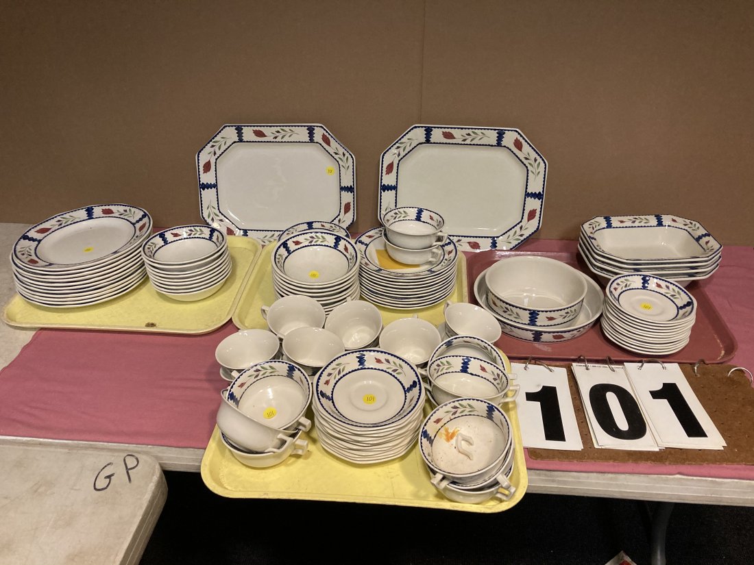 98 Piece Set of Adams Real English Ironstone China: 98 Piece Set of Adams Real English Ironstone China in Lancaster pattern. This is a very beautiful pattern. This set is in excellent condition and is sold as is, where is with no returns. (2) Platters,