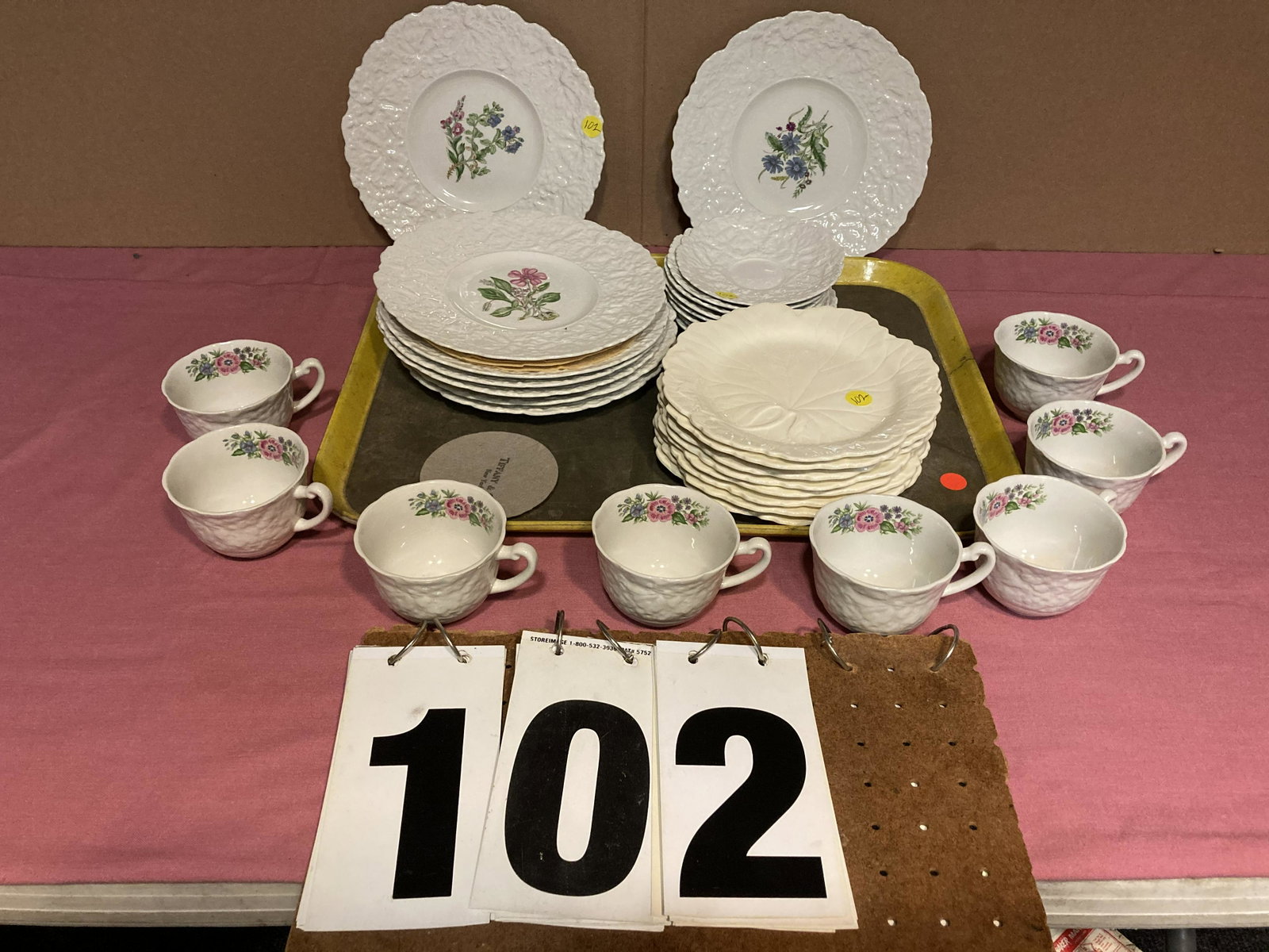 2 Sets of China from Tiffany & Co.: (1) 24 Piece Set of Royal Cauldon Bristol Ironstone in the Speedwell pattern. China was purchased at Tiffany & Co., NYC. (1) 8 Piece Set of Wedgewood Cake Plates, 8"dia. Unreserved from the Conyngham,