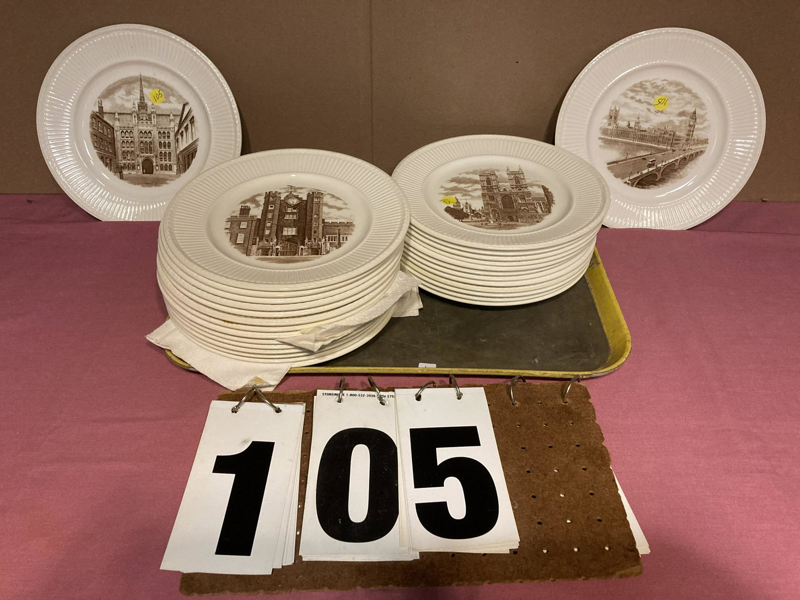 28 Wedgewood Porcelain Old London Views Plates: 28 Wedgewood Porcelain Old London Views Plates. Sponsored by the British War Relief. First Edition, 1941. A beautiful estate set of china. Plates are 10.5"dia. Unreserved from the Conyngham, PA Estate