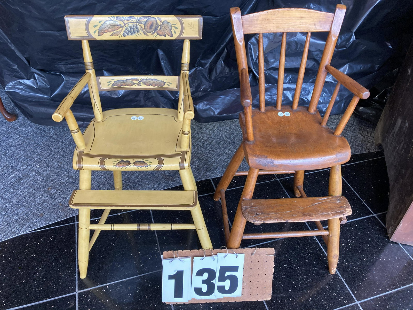 Pair of 1830s Plank Seat Highchairs: Pair of 1830s solid maple plank seat highchairs. 32.75"h x 12"w x 11.5"d and 32.5"h x 11.75"w x 11.75"d. Unreserved from the Conyngham, PA Estate. Fresh to the market.