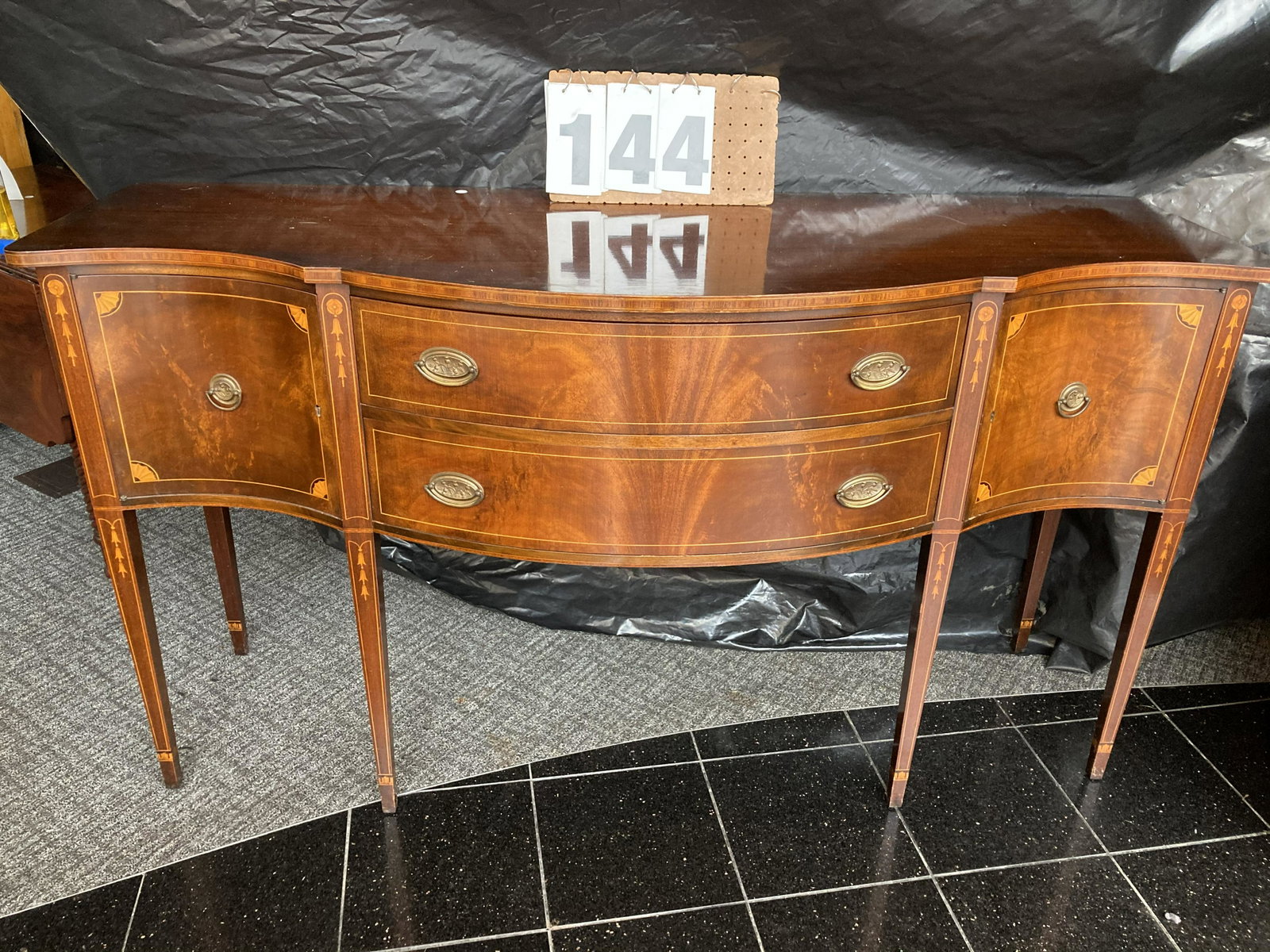 Charak Hepplewhite Inlaid Contemporary Flamed Mahogany: Hepplewhite inlaid contemporary flamed mahogany sideboard in original finish. Mint condition. Dated 1940. Marked Charak #3920. This is an exceptional example of their quality furniture, handmade. 67.5