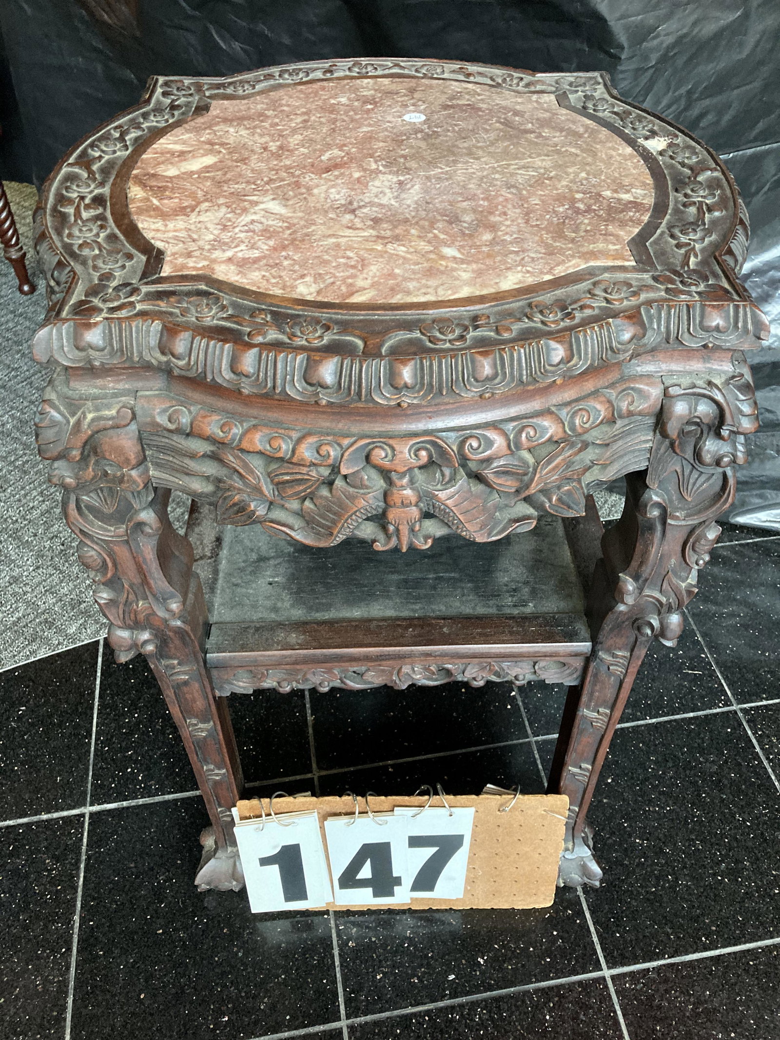 Super 1890s Marble Top Hand Carved Chinese Tambore: Super, heavily hand carved, 1890s Chinese tambore table with 4 carved bats and 4 carved animals on corners. Ball and claw feet. Marble insert on top. 32"h x 22"dia.