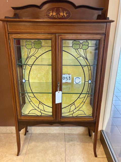 Art Noveau Leaded Inlaid Cabinet: Art Noveau leaded inlaid cabinet with two jewels and green leaded flowers. The backsplash is hand inlaid with flowers and bulbs. The front two doors are fully inlaid and the cabinet itself is very bea