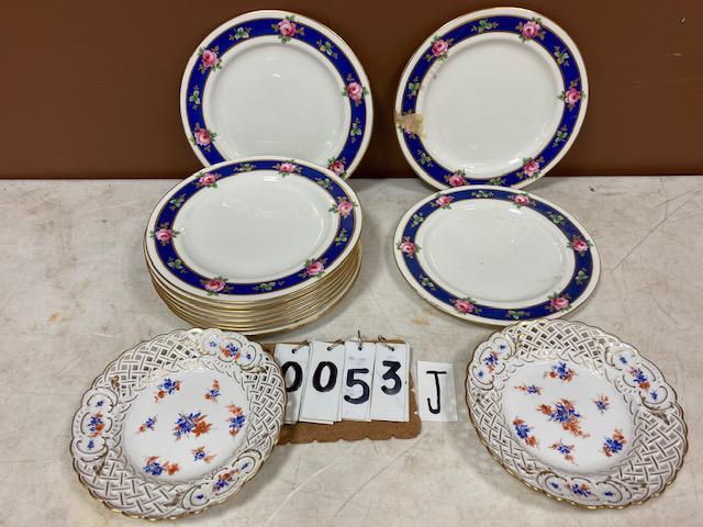 Hammerstey and Meissen Porcelain Plates: 12 porcelain Hammerstey & Co. set of plates. 10" dia. 2 hand painted Meissen porcelain plates. 8"dia. From the New York City Estate.