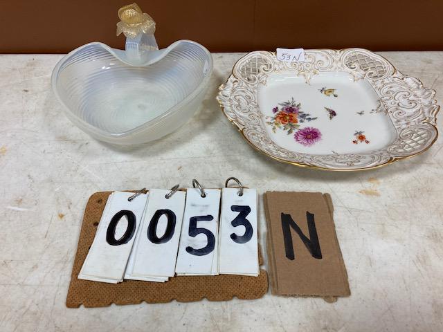 Hand Blown Nappie and KPM Plate: One hand blown large art glass 19c nappie with applied blown flowers. 8.25"l x 4.5"w. One KPM plate. 10.75"l x 8.75"w x 1.75"h. From the New York City Estate.