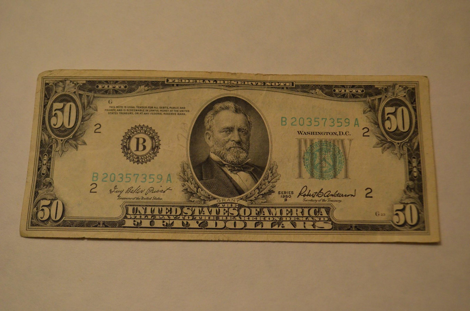 1950 Series B $50 Bill: 1950 Series B $50 Bill. From the Cape Vincent, NY Estate.