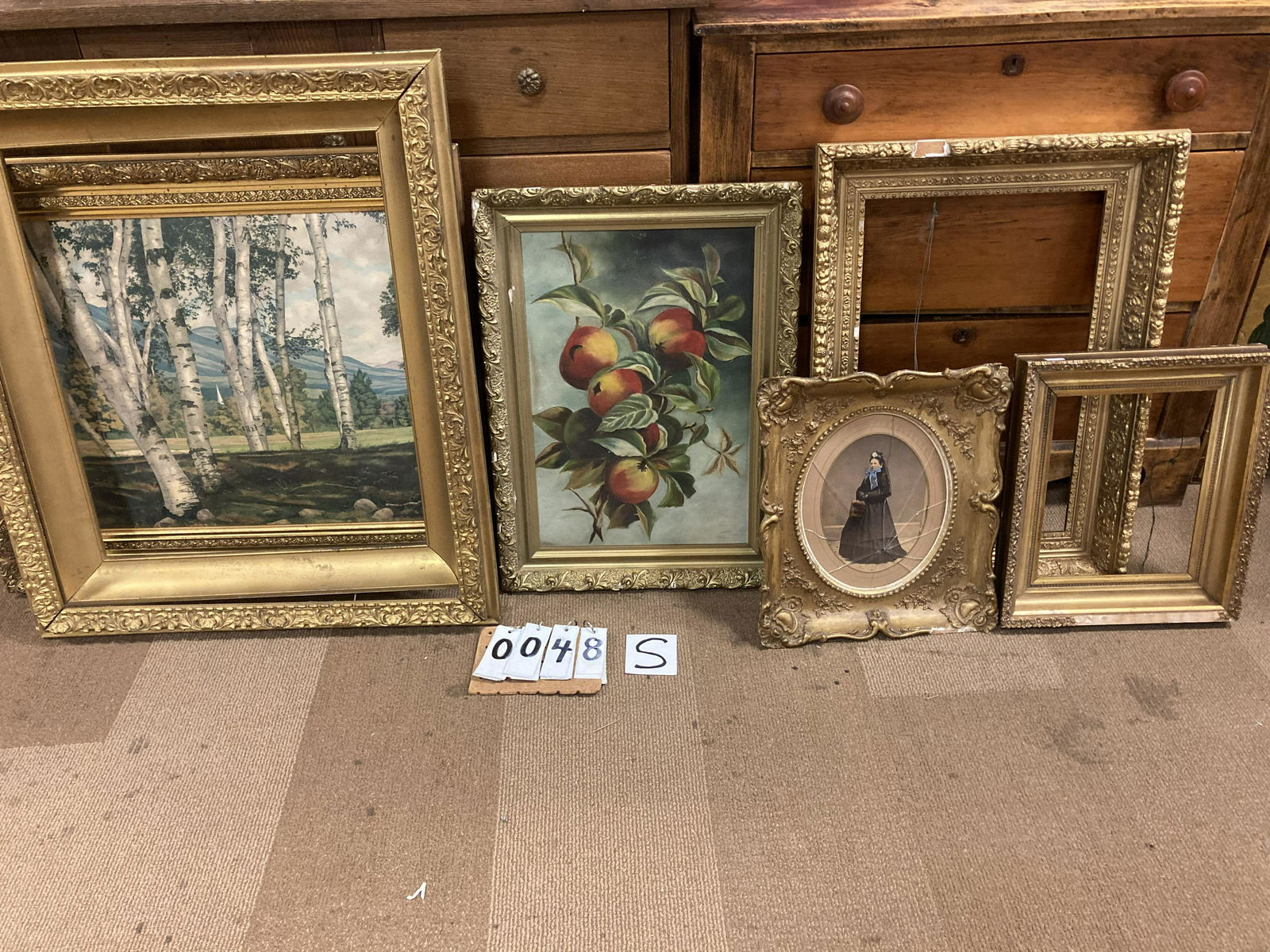Six 19c Paintings and Frames: Six 19c painting and frames. (1) Peach 19c oil painting. (1) 19c birch tree print in gold gesso frame. (1) Small 19c ancestral photo of an elderly lady. (3) 19c frames. From the Norwich, NY Estate.