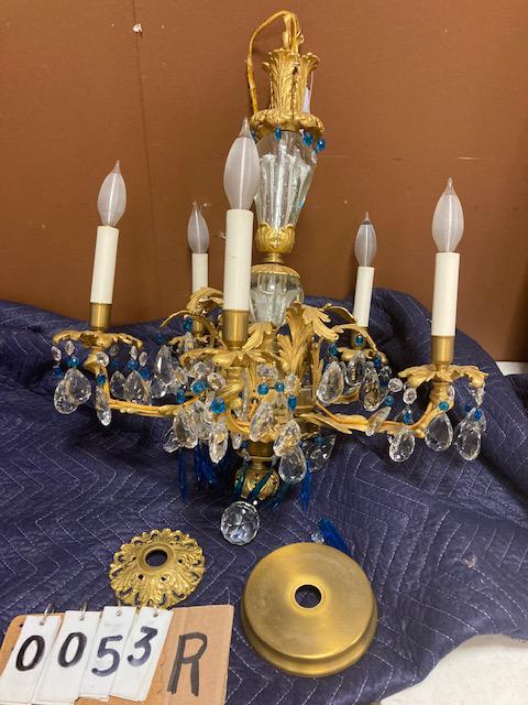 Solid Bronze 5 Arm Fancy Ceiling Light: Beautiful solid bronze 5-arm fancy ceiling prismed fixture with two controlled bubbled glass, floral design, high end inserts. In excellent condition. This fixture has cut glass blue and clear prisms 