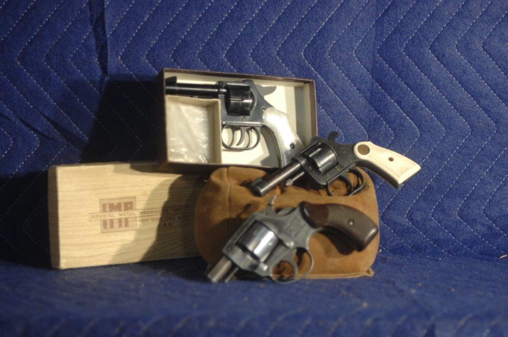 Three German Revolvers: Three German Revolvers. (1) F.I.E. Model T18 22LR pistol. 2" stainless bbl. Serial No. D14016. (1) IMP 22 short pistol. 2.5" bbl. Blued. With box and pearl grips. Serial No. 30779. (1) EIG 22 short pi