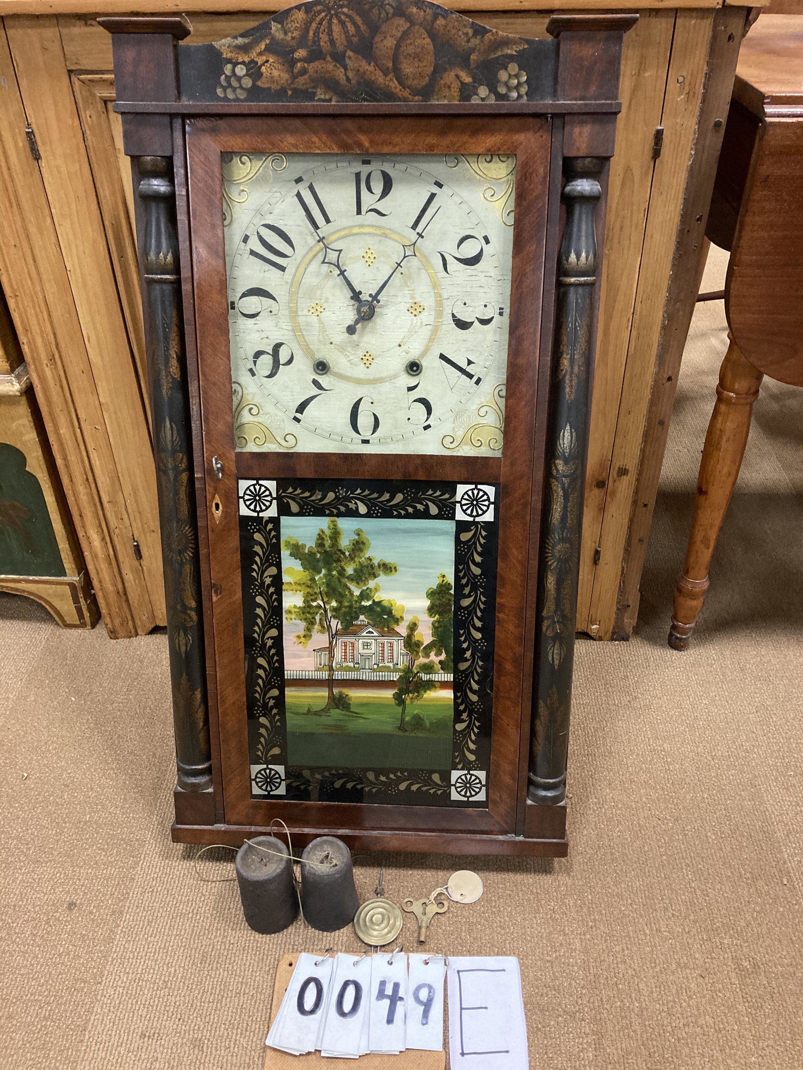 1800s Orton Preston & Co. Clock: 1800s Orton Preston & Co. weight driven shelf clock with key and pendulum. Manufactured in Farmington, CT. Clock has original stenciled case and a beautiful reverse hand painted glass door with a hous