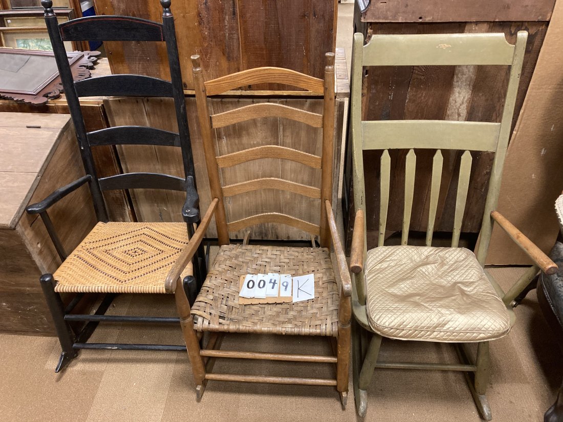 Three 1830s American Rockers: Three 1830s American Rockers. (1) 5 slat caned original seat rocker. 37.5"h x 19"w x 15"d. (1) 4 slat caned seat rocker. 43.75"h x 18.75"w x 14.25"d. (1) Painted grey plank seat arrow back rocker. 39.