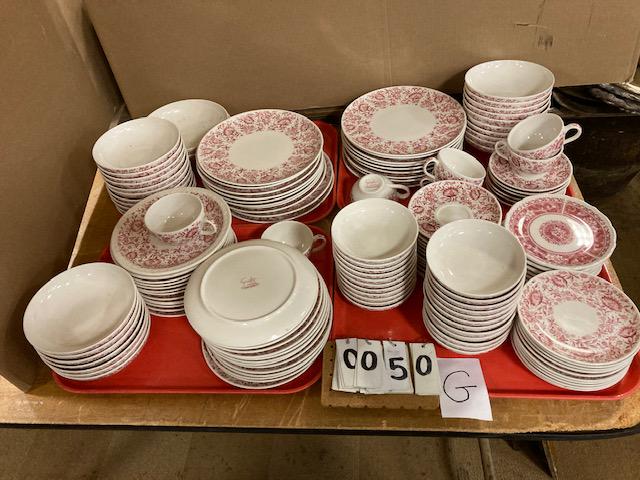 132 Pieces of Syracuse China: 132 pieces of Syracuse china. Care free Mayflower red pattern. This set came from the famous Grand Union Hotel in Saratoga Springs, NY. To include: (7) cups - 3.75"h x 2.25"h. (18) saucers - 5.75" dia