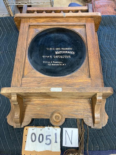 Cleveland Magneto Watchman's Time Detector: 1890s oak cased Cleveland Magneto watchman's time detector manufactured by Pettes & Randall, 150 Nassau Street, NY. #8798. 25"h x 19"w x 6"d.