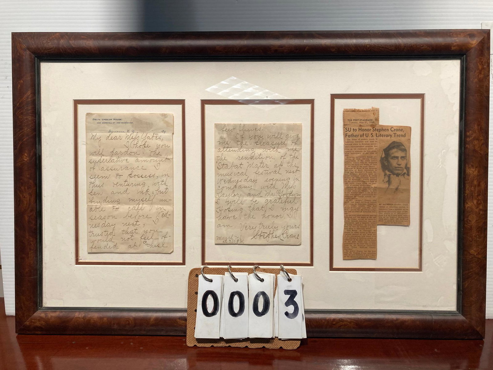 Rare Stephen Crane Handwritten Letter: Rare 1890s original estate Stephen Crane (author of novel titled "The Red Badge of Courage") handwritten letter. Written while he was attending Syracuse University, circa 1891. The 2-page letter is in