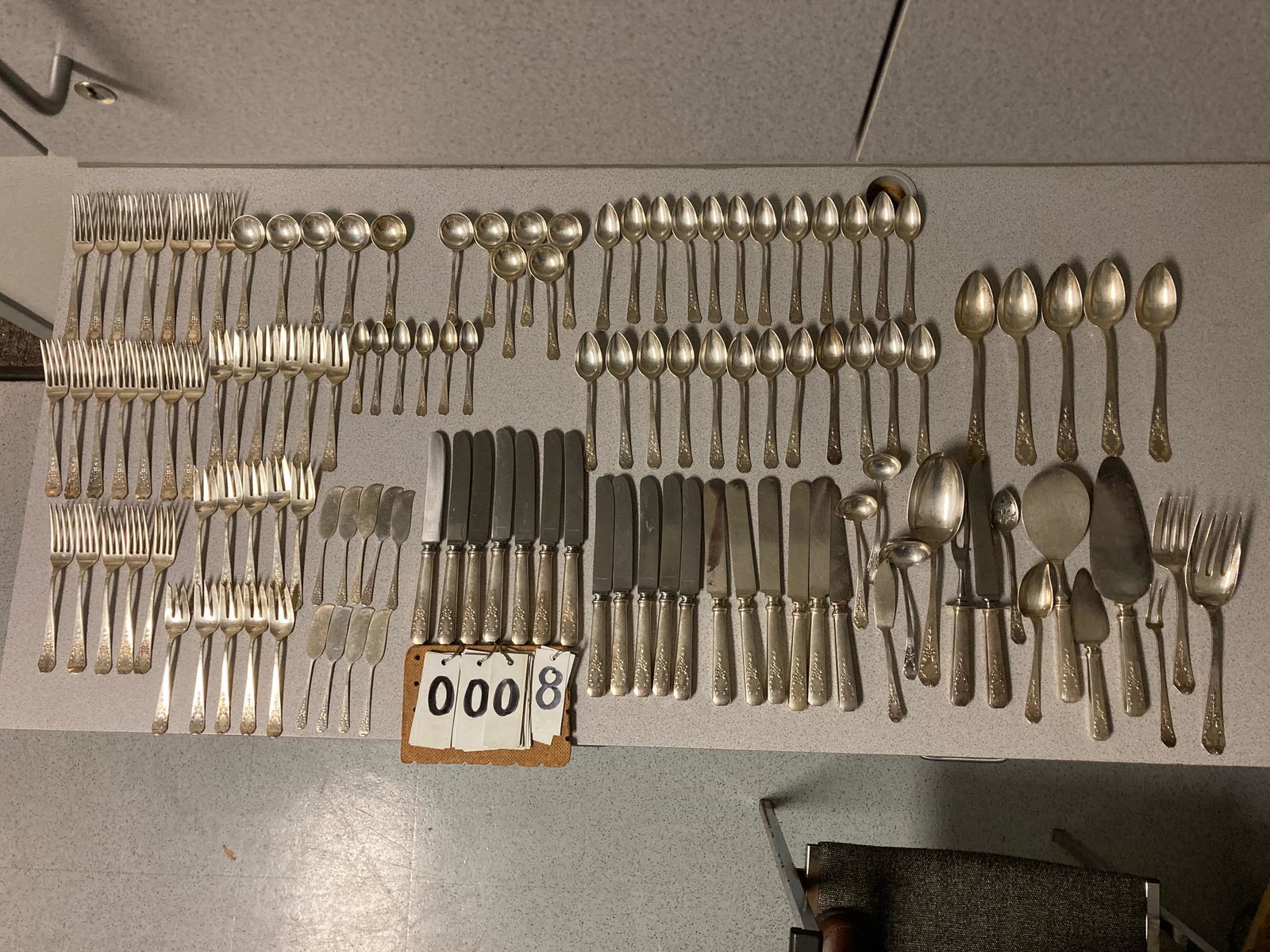 124 Pieces of Sterling Silver: 124 pieces of sterling silver. Patented 1909. Total weight is 104.15 troy oz. (small handles are 0.25 oz. each and large handles are 0.50 oz. each). It is an honor to sell such high quality estate ite