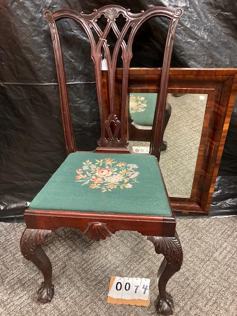 Two 19c Furniture Pieces: Two 19c furniture pieces. (1) 1890s ball and claw foot hand shell carved side chair and (1) 1860s O.G. mahogany mirror. It is an honor to sell such high quality estate items from a beautiful home loca
