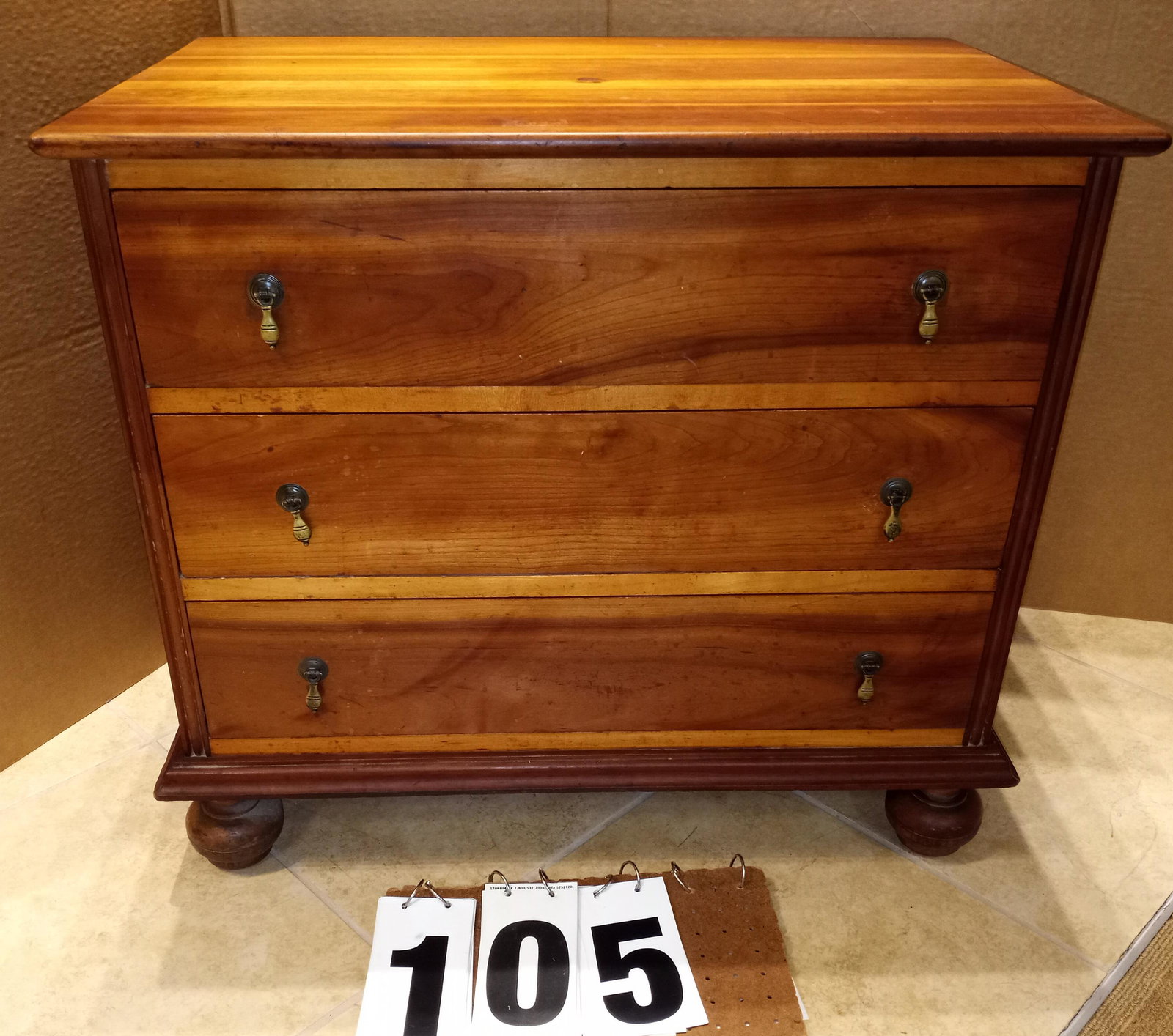 Solid Cherry Stickley 3 Drawer Chest: Stickley solid cherry 3 drawer William and Mary style chest. In excellent condition with original brass and bun feet. Signed Stickley of Fayetteville. 31.75"w x 20.5"d x 28"h. From the Manlius, NY Est