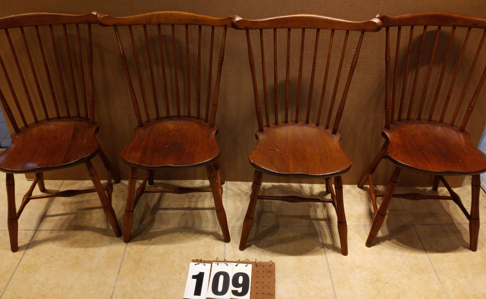 Four Stickley Cherry Valley Chairs: Four Stickley cherry valley fan back Windsor spindle side chairs with burn mark. Signed Stickley Fayetteville, NY. 36.75"h x 24"w x 16.5"d. From the Manlius, NY Estate.