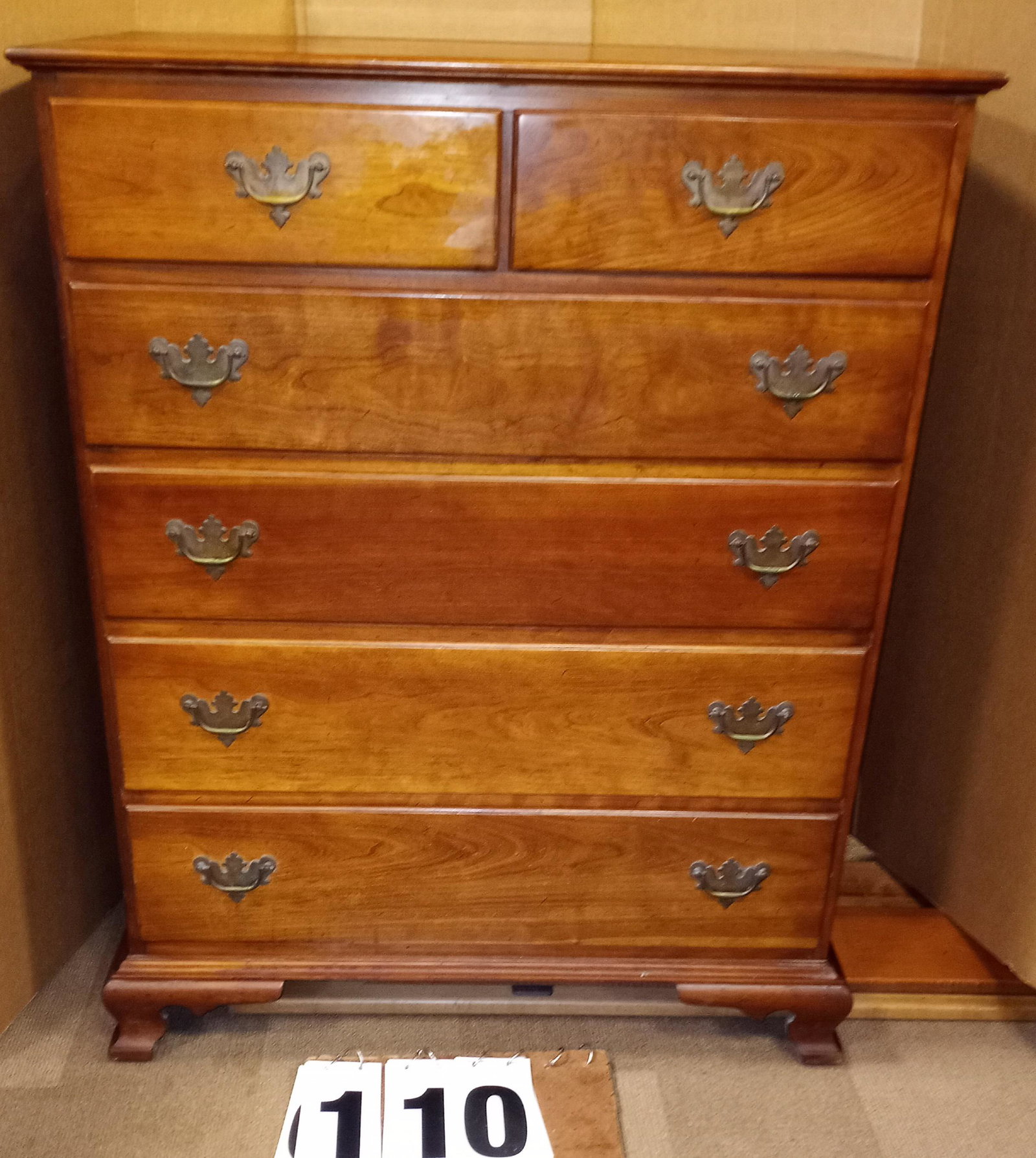 L. & J.G. Stickley Cherry 6 Drawer Dresser: L. & J.G. Stickley solid cherry valley 6 drawer Chippendale style dresser in original finish with ogie bracket feet. Excellent condition. 44.5"h x 34.75"w x 21"d. From the Manlius, NY Estate.