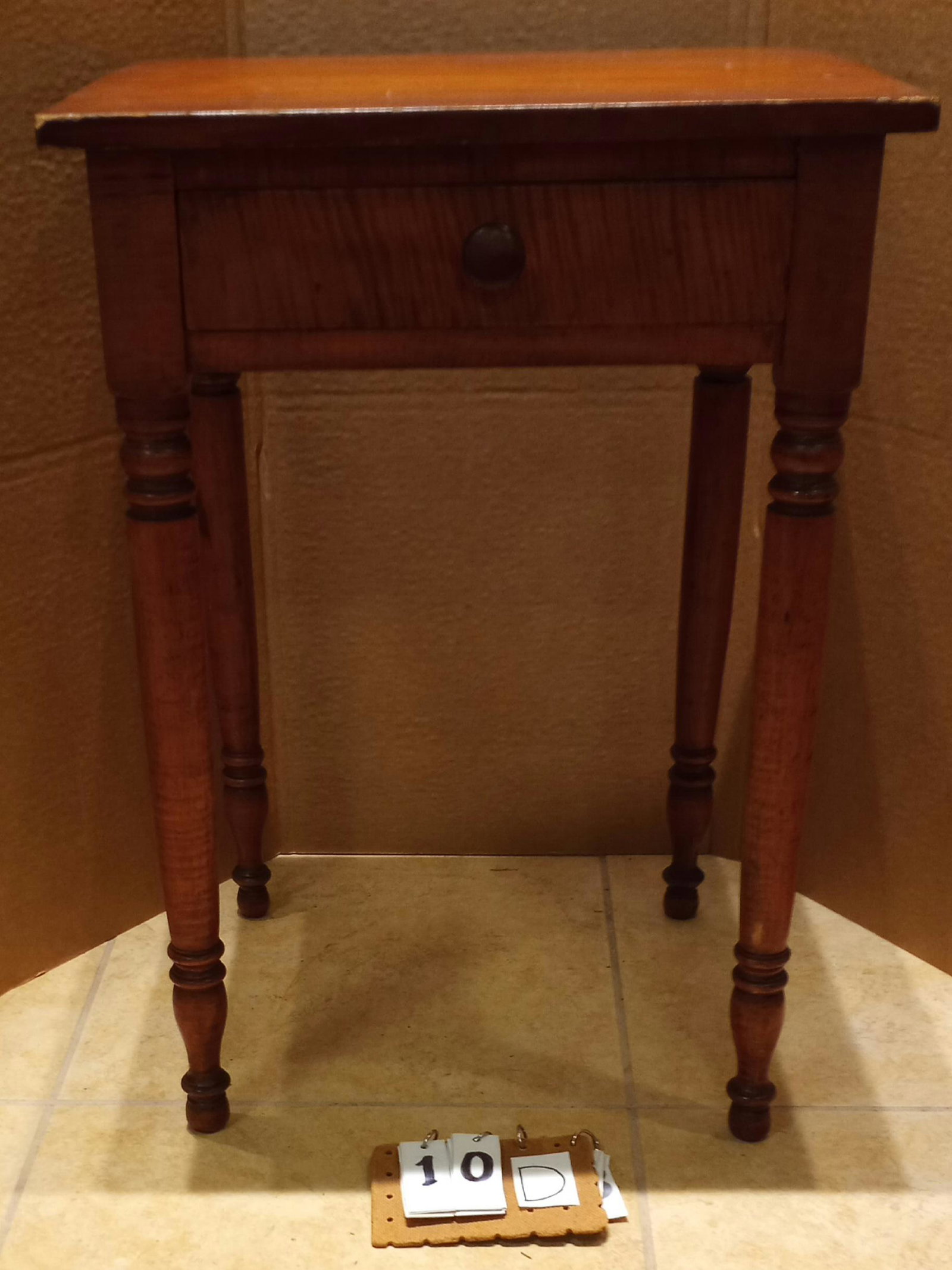 1830s Tiger Maple American 1-Drawer Stand: 1830s super solid tiger maple American 1-drawer stand with a maple solid top. 28.25"h x 20"w x 17.5"d. From the Palmyra, NY Estate.