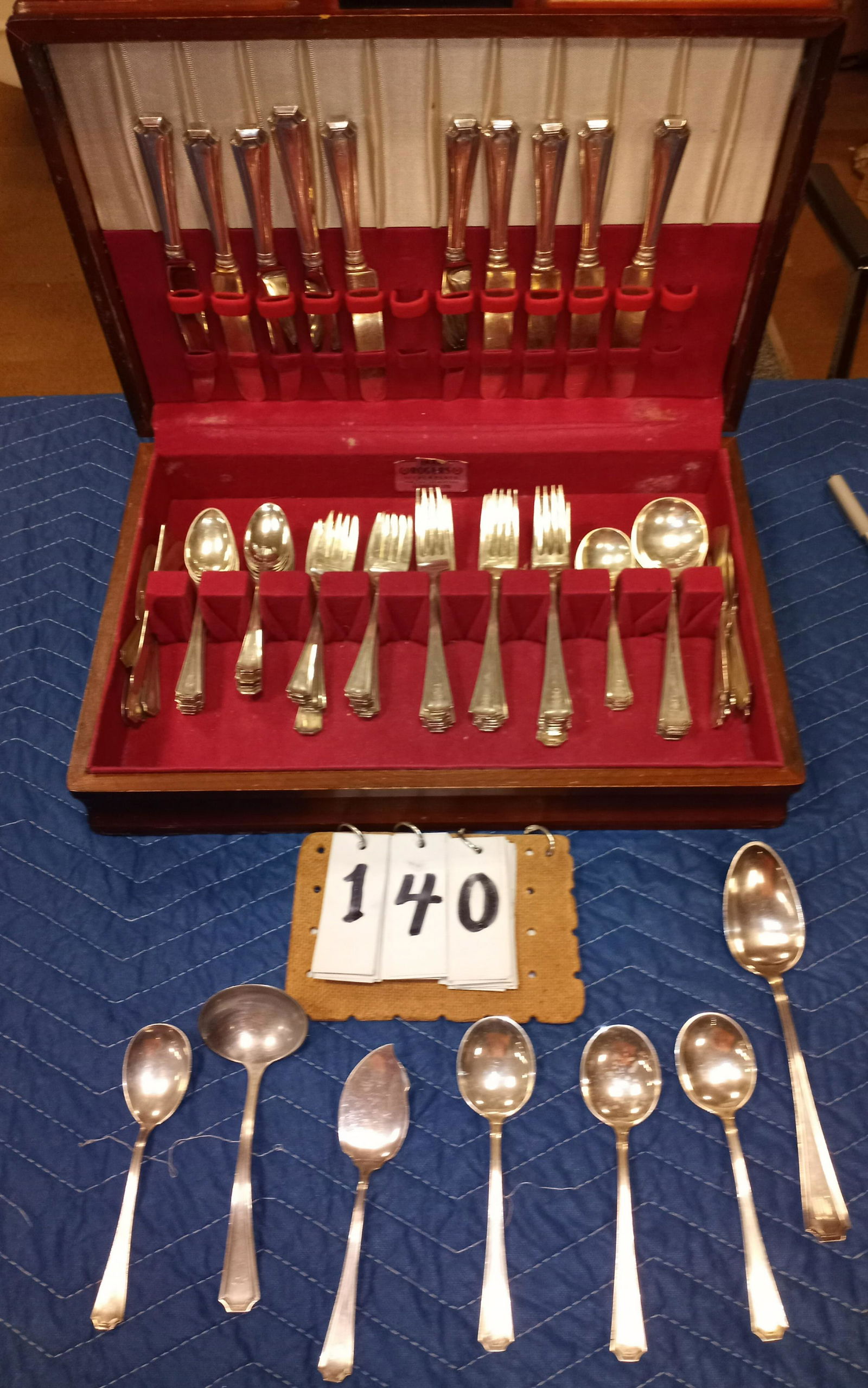 94 Piece Sterling Silver Flatware Boxed Set: 94 piece sterling silver flatware boxed set. Monogrammed W?? on each piece. Includes: (3) odd size soup spoons, (6) large spoons, (6) small soup spoons, (20) dinner knives, (13) salad forks, (17) dinn