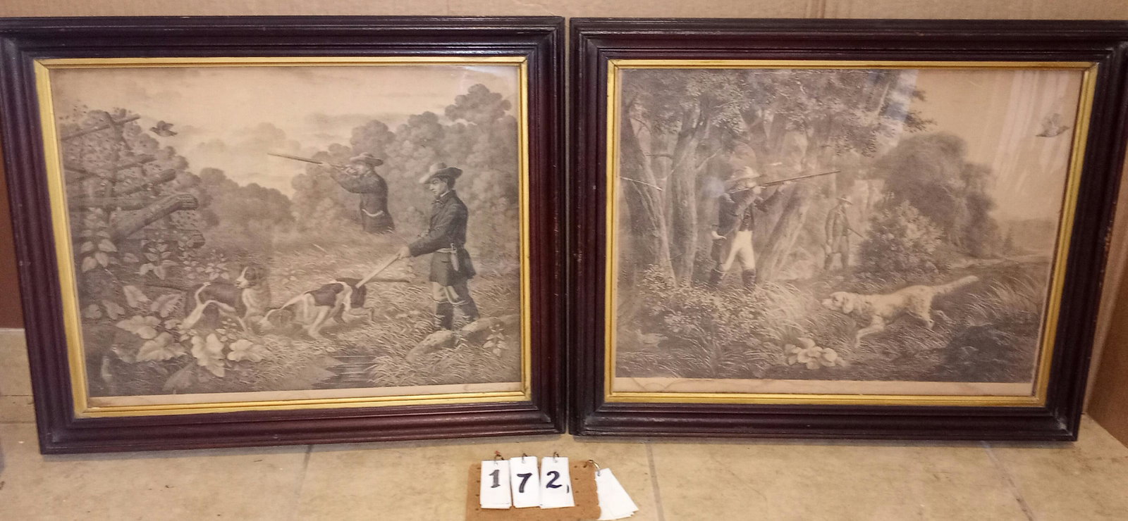 Pair of 19c Hunting Prints: Pair of 19c hunting prints in solid walnut frames. Both prints show hunters with hunting dogs shotting at birds. One signed "Berlin F. Sala B. Co. Unter D. Linden St.". Prints are 22.5"w x 17.5"h. Fra