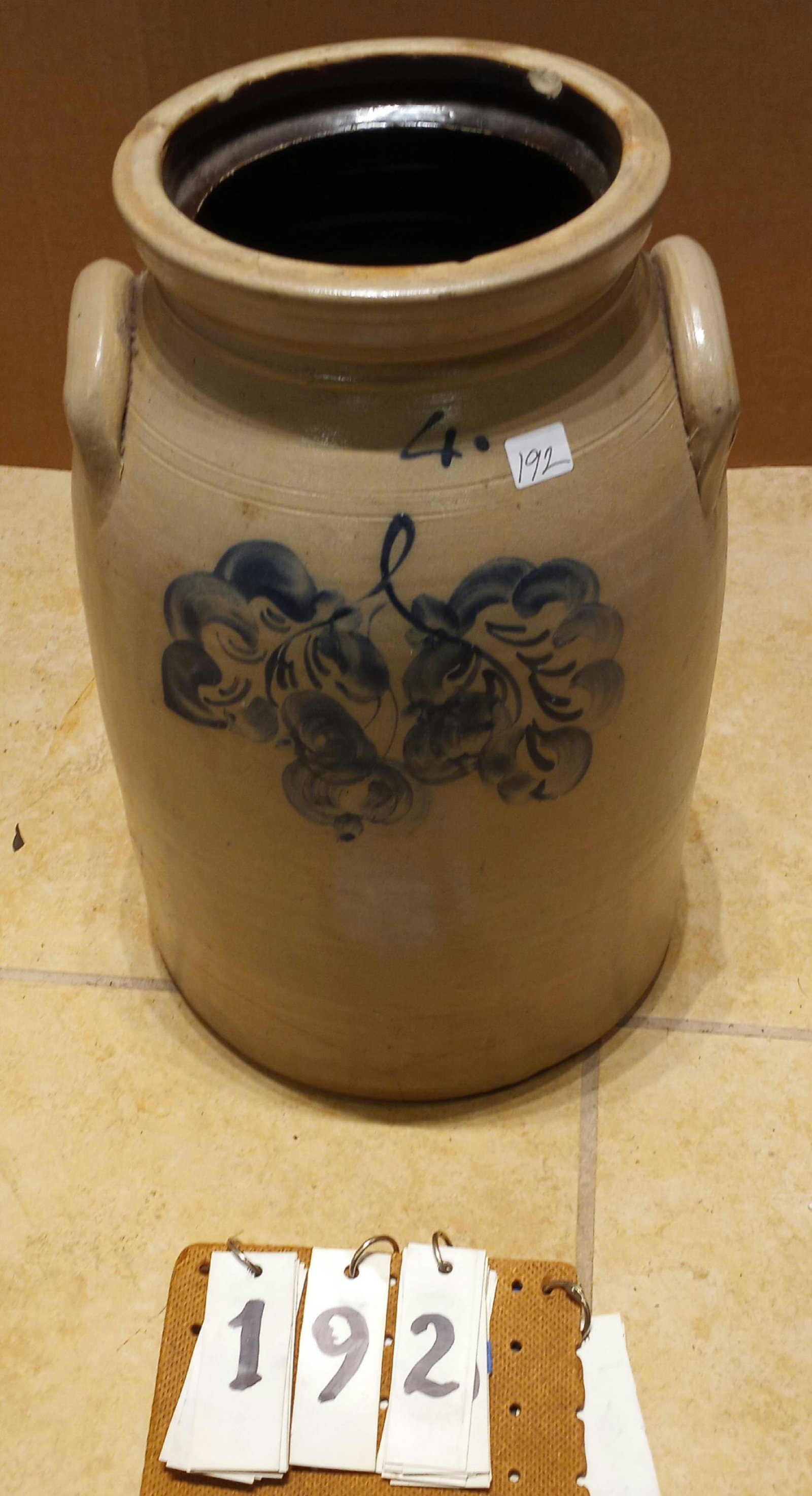 1830s Blue Decorated 4 Gallon Stoneware Crock: 1830s blue decorated four gallon stoneware crock. Racked at the base and two small chips at the rim. 11" dia. x 10"h. From the Palmyra, NY Estate.
