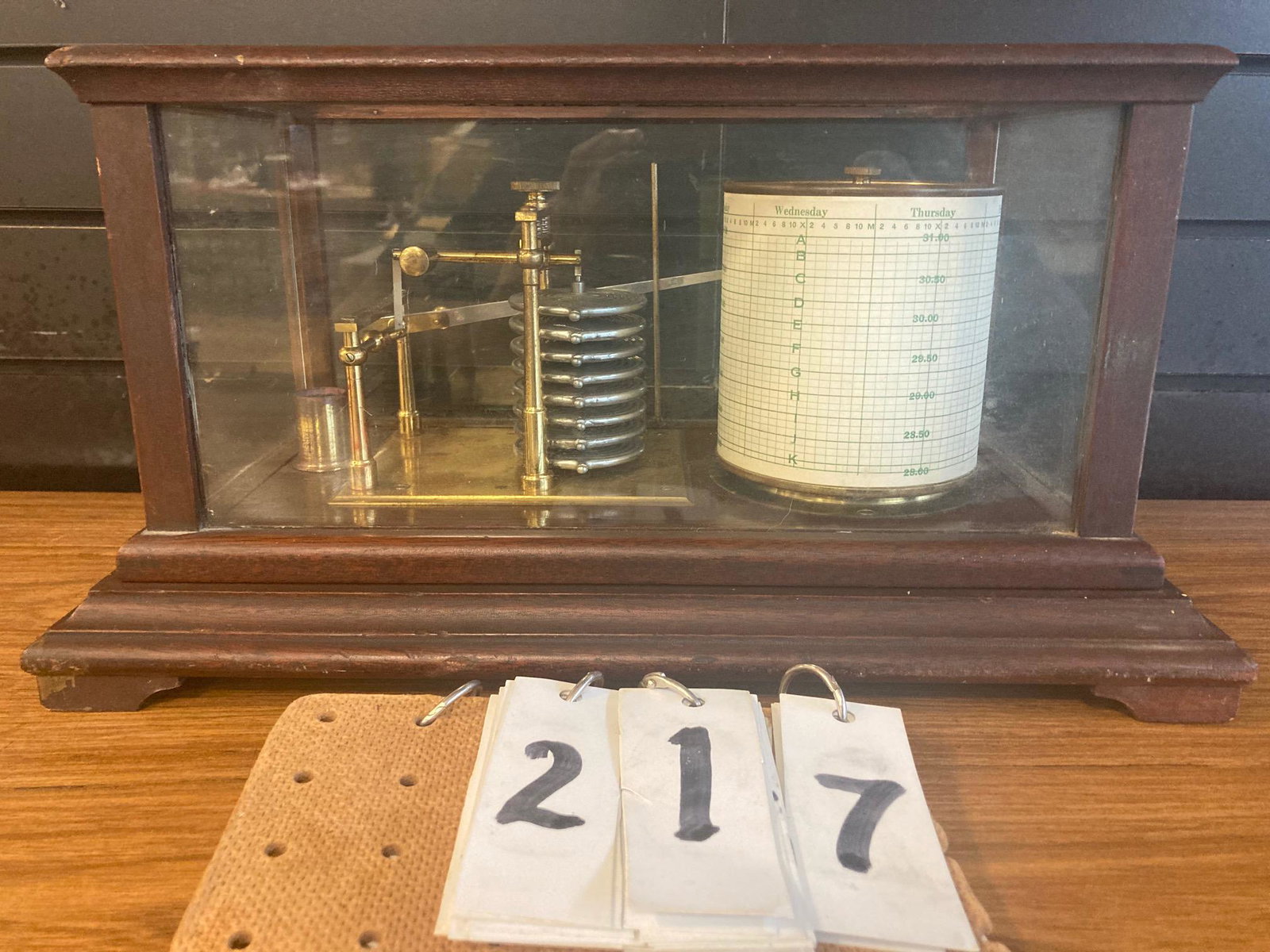 Tyson Stormograph: Tyson Stormograph. US Patent. This is a key wind apparatus in a solid mahogany case with brass works. This instrument is directly out of a Syracuse, NY Estate and this is the first time it is offered 