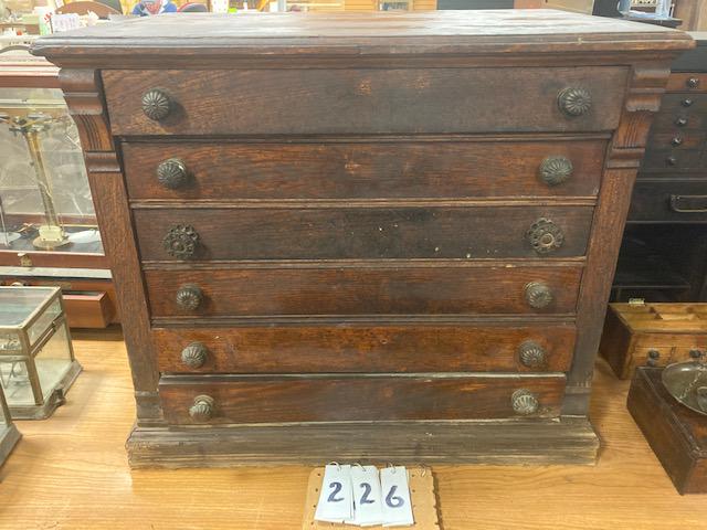 J.P. Coats Six Drawer Oak Spool Cabinet: J.P. Coats six drawer oak estate spool cabinet with nice decal on the back. Side panel has veneer bubble, see photos.