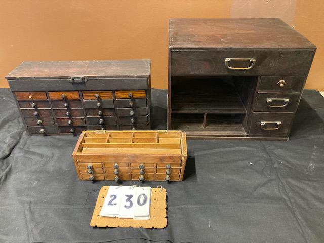 Three Small Oak Cases circa 1800s: Three small oak cases circa 1800s. (1) four drawer (possibly early Stickley) oak hand dove tailed case with open compartment on the side. 12.25"h x 15"w x 11.5"d. (1) 20 drawer 1890s-1900s small lift-
