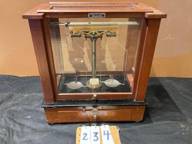 Fisher Scientific Co. Balance Scale: Nice wood and glass Fisher Scientific Co. balance scale. Marked Eimer and Amend. Manufactured in New York. This scale has some extra parts. 19"h x 16.5"w x 9.25"d.