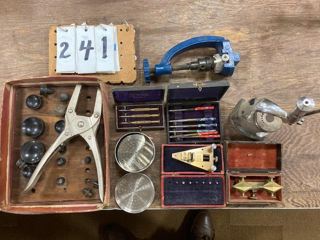 Watch and Clock Making Tools: Watch and clock making tools. (1) Brass boxed pieces signed 1848 Lewis F. Durussel. (1) Ad Hanhart Vorm Jul Schutz manufactured in Zurich, Switzerland. (1) Kendrick & Davis manufactured in Lebanon, NH