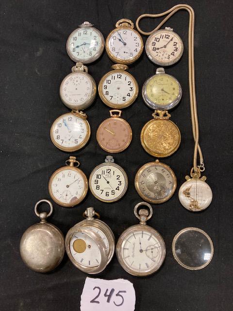 16 Pocket Watches: 16 pocket watches (three are coin silver) in a variety of conditions sold as is out of the estate. Marked Hamilton Traffa Special, Elgin 17 Jewel, Elgin Timer, Swiss, Hamilton 17 Jewel, Elgin, Majesti