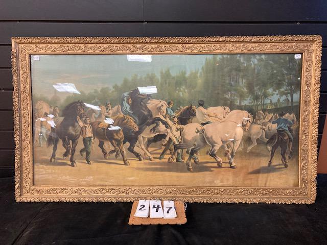 Framed Chroma-Lithograph of "The Horse Fair": Framed chroma-lithograph of "The horse Fair" by Rosa Bonheur. Frame is 39" x 21.5". From the Bernhards Bay, NY Estate.