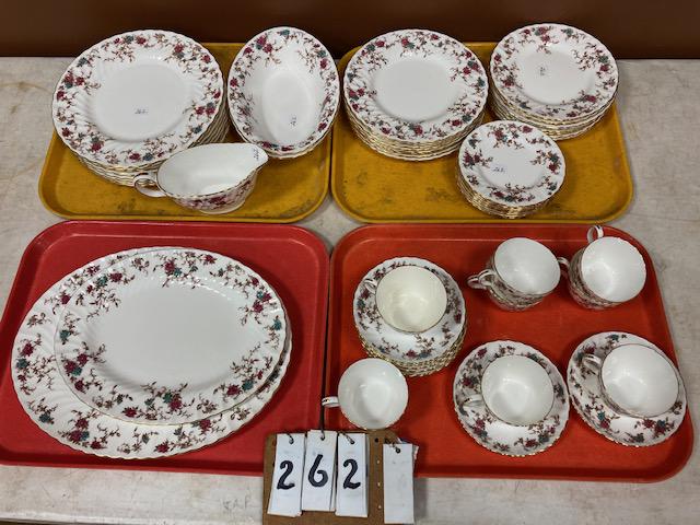 53 Pieces of Minton Bone China: 53 pieces of Minton ancestral bone china from England. Established in 1793, Minton is one of the finest china makers in the world. This pattern has beautiful gold trimmed flowers and branches. 1 cream