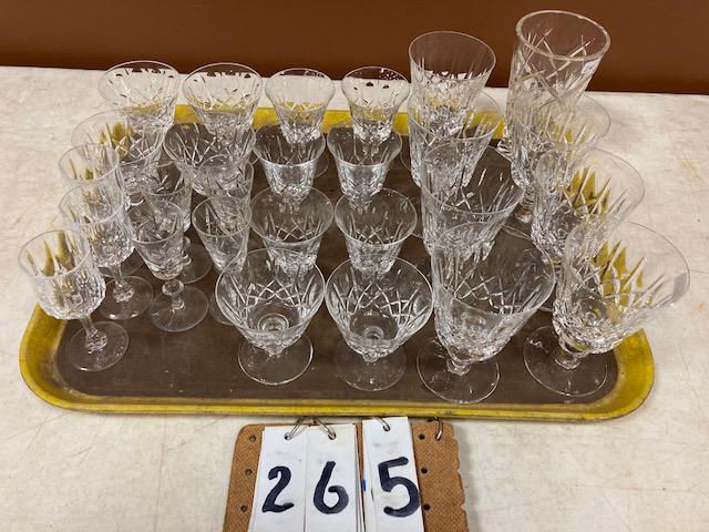 27 Pieces of Vintage Cut Glass Stemware: 27 pieces of vintage cut glass stemware. Unknown pattern. 1 water (6"h x 3.5"w), 7 wine (6.125"h x 3.25"w), 6 short cognac (3.5"h x 3"w), 6 tall cognac (3.75"h x 2.75"w), 4 short whiskey (4.25"h x 1.7