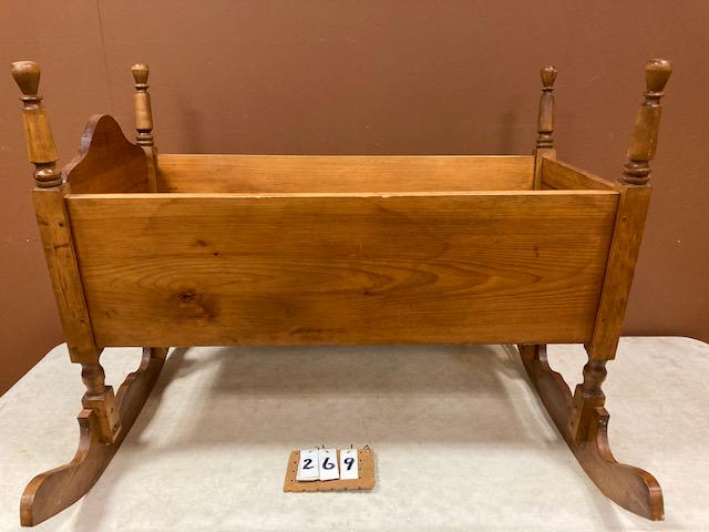 Handmade European Solid Maple Cradle: Handmade European solid maple cradle. 37"l x 34"w x 29.25"h. From the Jamesville, NY Estate.