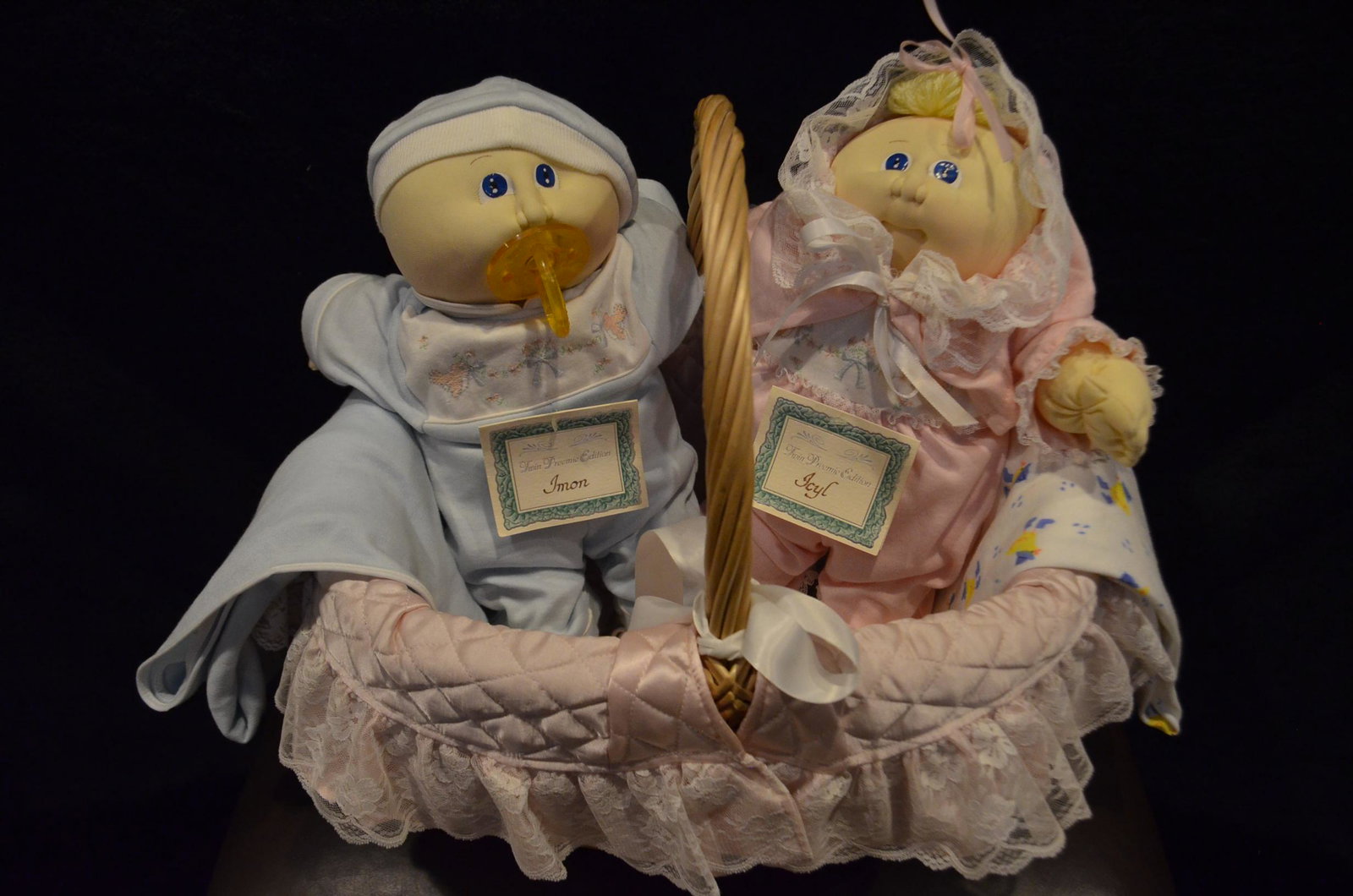 Icyl & Imon Twin Preemie Edition Cabbage Patch Dolls: Icyl and Imon 1985 Twin Preemie Edition Cabbage Patch Dolls. Icyl born June 17, 1985. Adopted date not filled out. Birth Certificate Registration No. PTW 1616/3000. With original official adoption pap