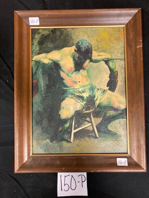 Signed Oil on Canvas Painting: Signed oil on canvas painting of a boxer by W.L. White. Signed on the front and autographed on the back. Painting is 8.5"w x 11.25"h. Frame is 11.25"w x 14"h.