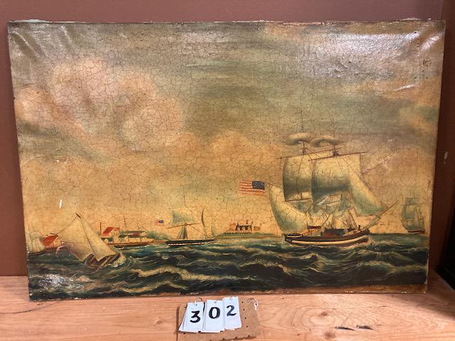19c Oil on Canvas Painting: Primitive unsigned 19c oil on canvas painting of American ships with US flags. Painting is relined and has crazing. 36"w x 24"h. From the Cortland, NY Estate.