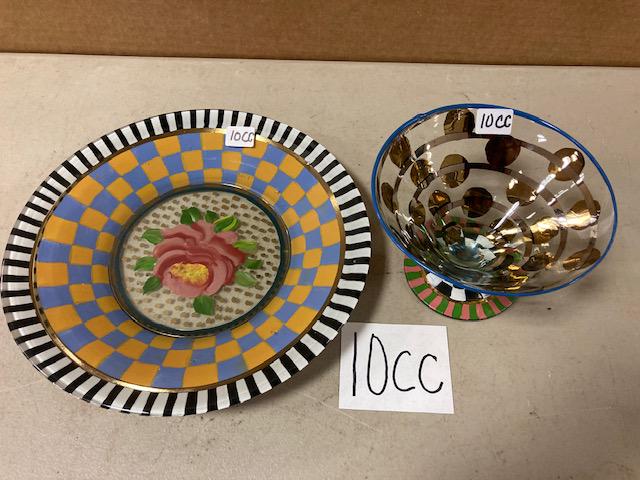 Two Vintage Mackenzie-Childs Pieces: Two vintage MacKenzie-Childs pieces. One glass luncheon dish. Circus, Blooming Rose pattern. 10" dia. One glass platter. Circus, Whirligig pattern with gold painted polka dots and striped glass. 12.5"
