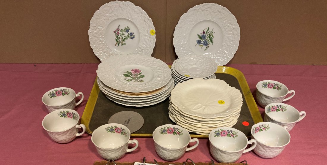 Two Sets of China from Tiffany & Co.: Two Sets of China from Tiffany & Co. (1) 24 Piece Set of Royal Cauldon Bristol Ironstone in the Speedwell pattern. China was purchased at Tiffany & Co., NYC. (1) 8 Piece Set of Wedgewood Cake Plates, 