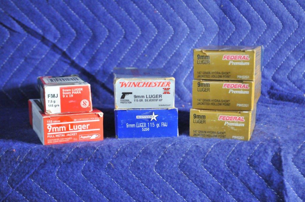 Assorted 9mm Ammo: Assorted 9mm Ammo. 3 boxes Federal 147 grain hydroshock. 1 box of Winchester 115 grain silver tip. 3 assorted boxes FMJ.