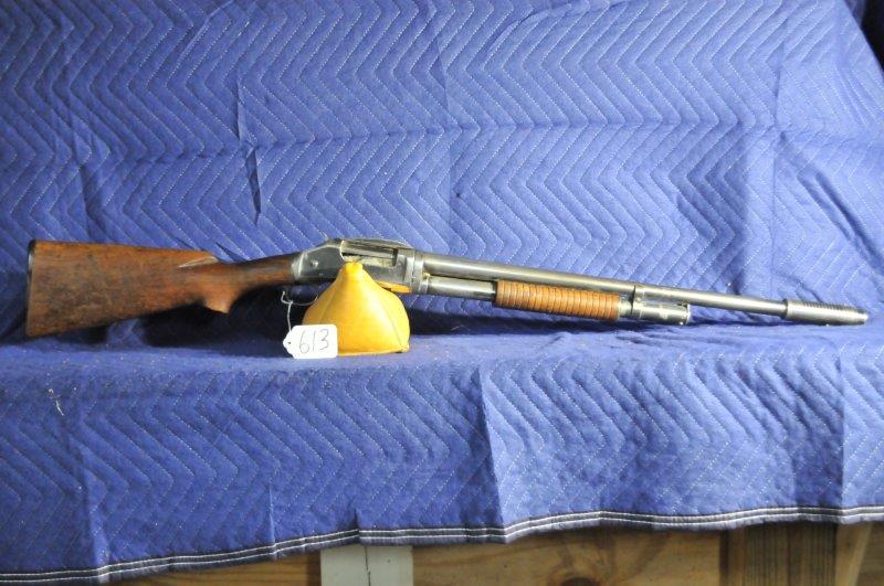 Winchester Model 97: Winchester Model 97. 12 gauge 2.75" full. With Cutts compensator and Lyman choke. Broken butt plate. Wood finish rough. Metal finish 40%. Little bit of pitting. Serial No. 949385.