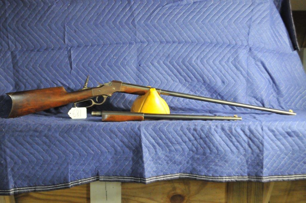 J. Stevens Model 7: J. Stevens Model 7. 32 Rimfire. 28" half octagon bbl. Cut aftermarket. Problems with the sear. Rear peep sight. Serial No. 2798. Extra barrel. 22LR. 20.5" long. Half octagon. Cut aftermarket.