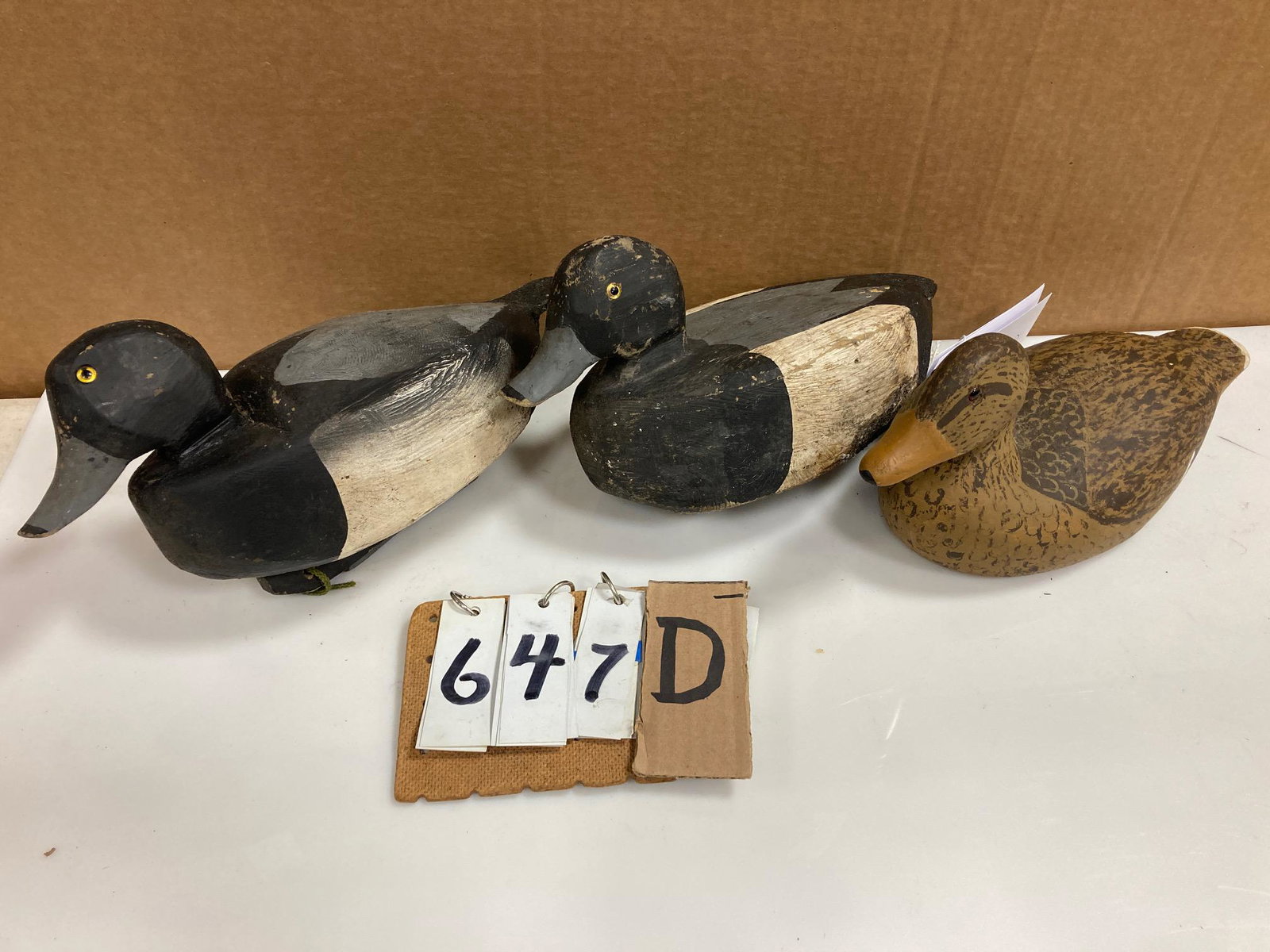 Three Hand Carved Wood Duck Decoys: Three hand carved and hand painted wood duck decoys. Includes two bluebill drake and one mallard hen. From the collection of one family in St. Lawrence County, NY who loved the Adirondacks and everyth